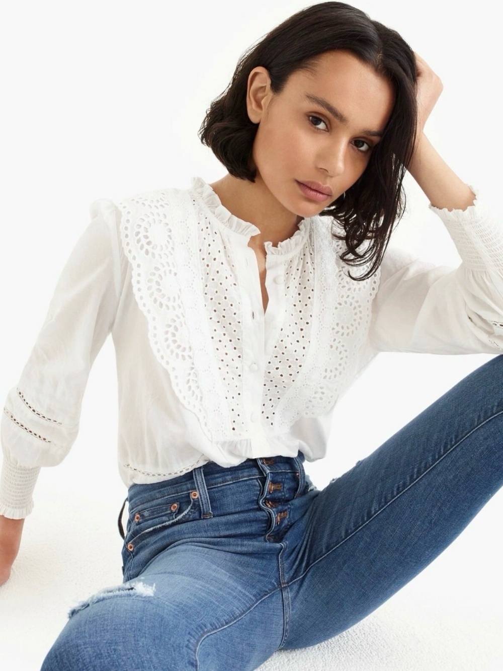 J. Crew White Ruffle Collar Eyelet Lightweight Cotton Long Sleeve Blouse Top 10
